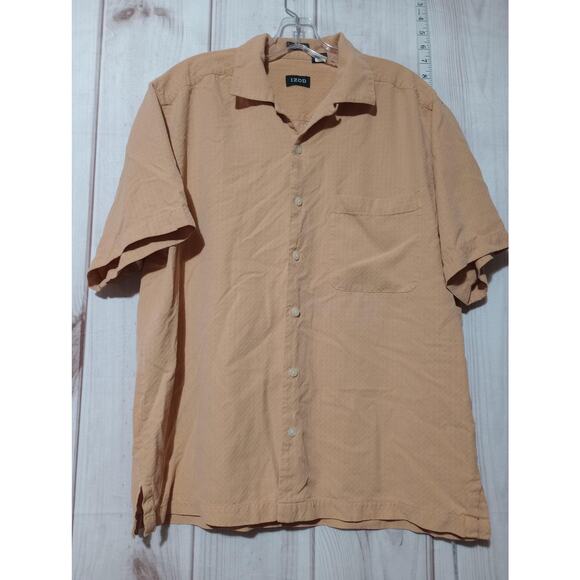 Izod Shirt Mens Medium Tan 100%‎ Silk Short Sleeve Button Up Casual Lightweight - Picture 1 of 7